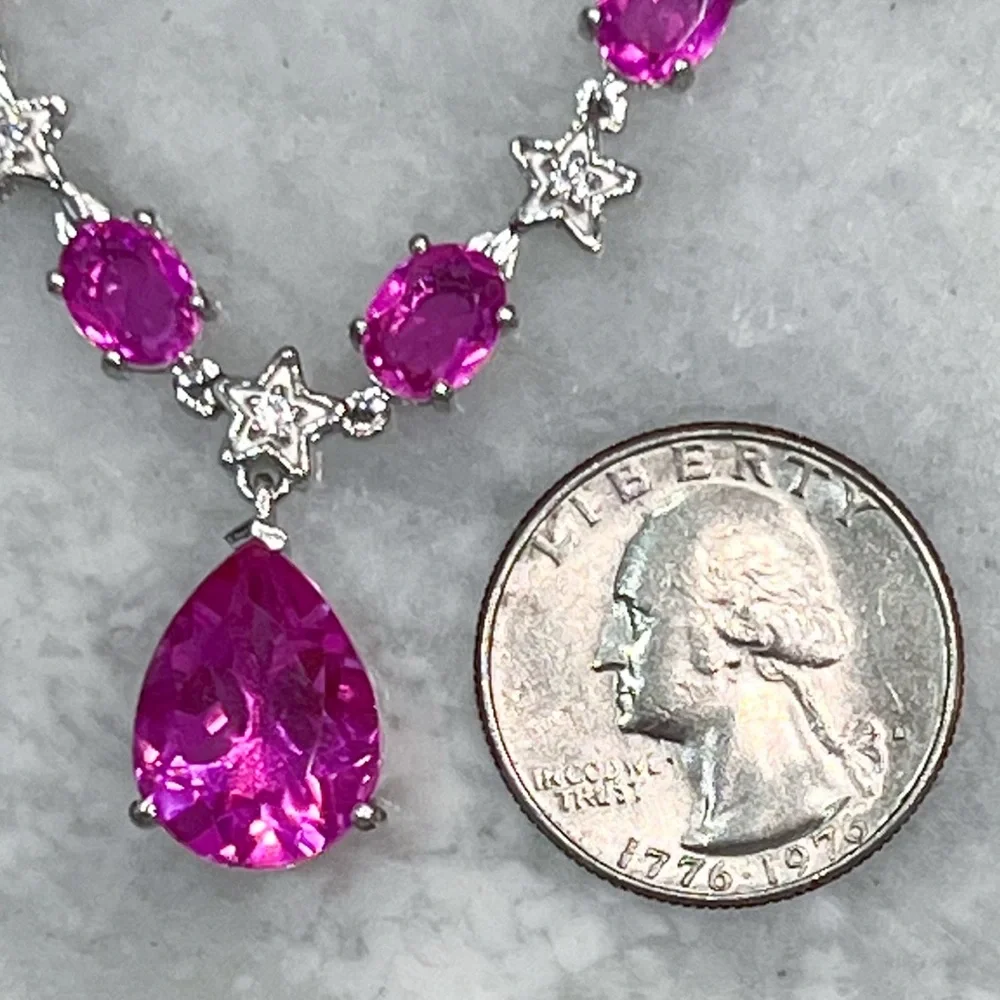 Radiant Orchid Quartz White Zircon Silver V Drop Necklace w/ Extender - Picture 12 of 15